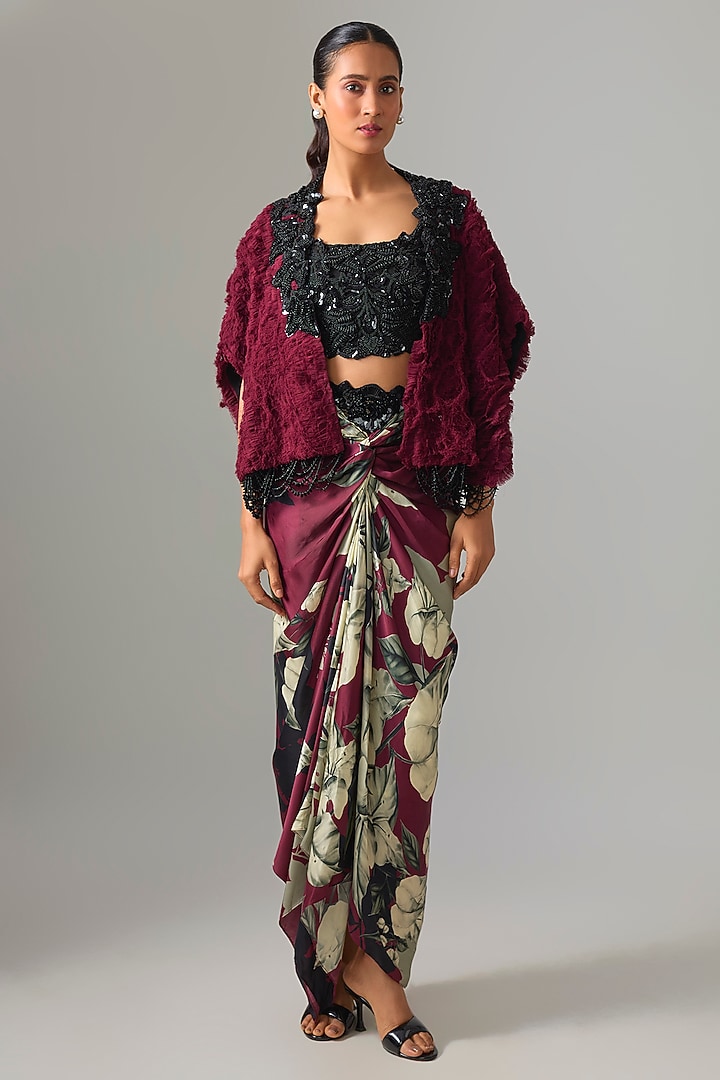 Burgundy Satin Front-Knot Printed Skirt Set by Nupur Kanoi at Pernia's Pop Up Shop