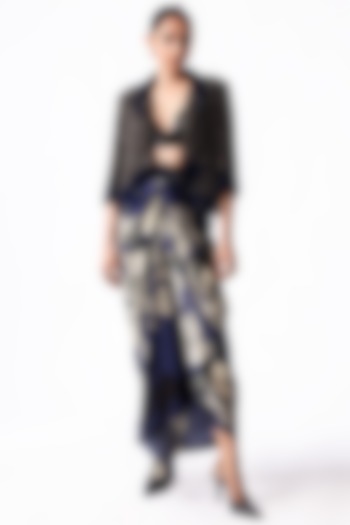 Navy Satin Printed French Knotted Skirt Set by Nupur Kanoi at Pernia's Pop Up Shop