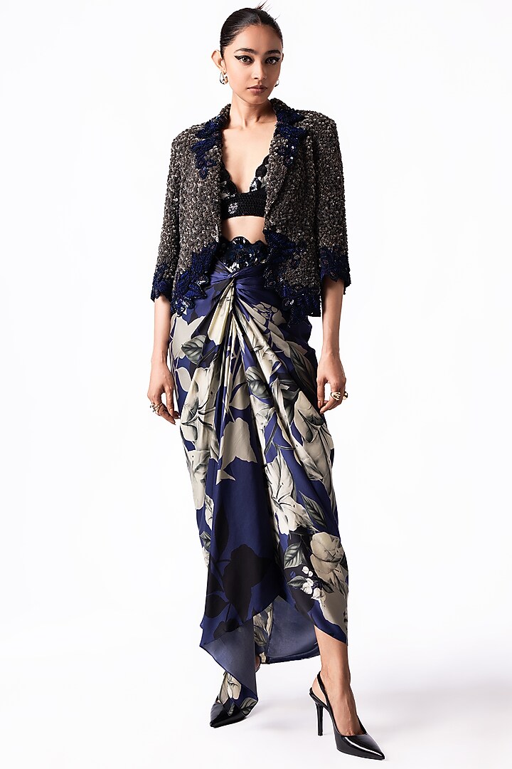 Navy Satin Printed French Knotted Skirt Set by Nupur Kanoi at Pernia's Pop Up Shop