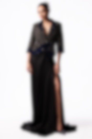 Navy Satin Long Trail Skirt Set by Nupur Kanoi at Pernia's Pop Up Shop