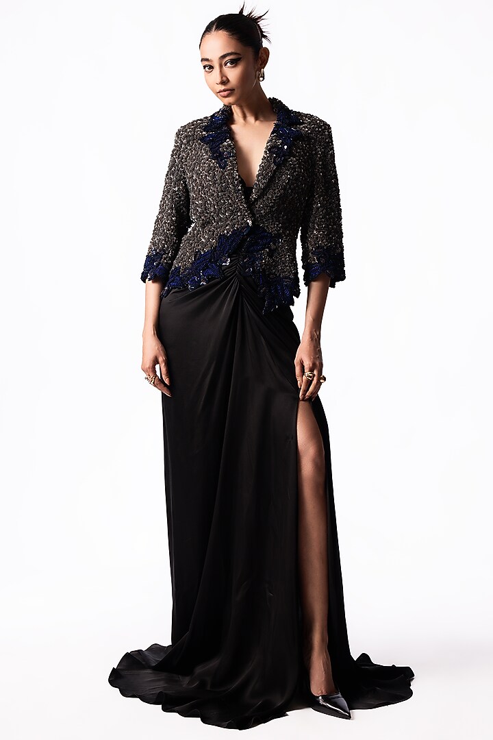 Navy Satin Long Trail Skirt Set by Nupur Kanoi at Pernia's Pop Up Shop