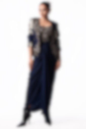 Navy Satin Sequin Embroidered Draped Party Wear Dress With Blazer by Nupur Kanoi at Pernia's Pop Up Shop