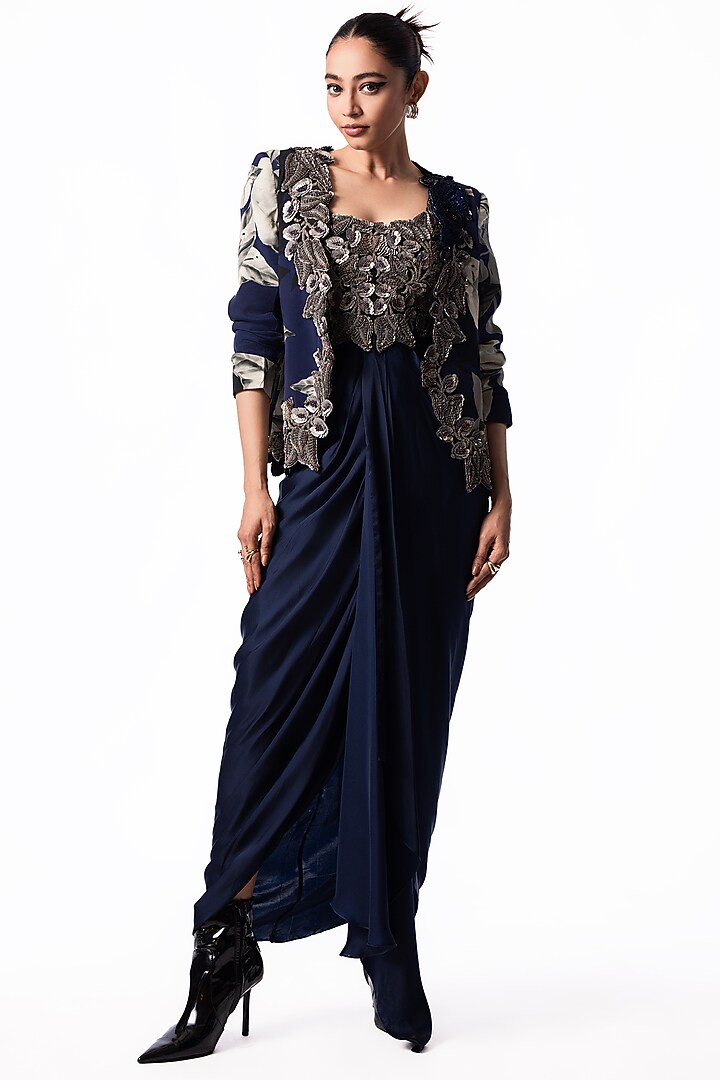 Navy Satin Sequin Embroidered Draped Party Wear Dress With Blazer by Nupur Kanoi at Pernia's Pop Up Shop