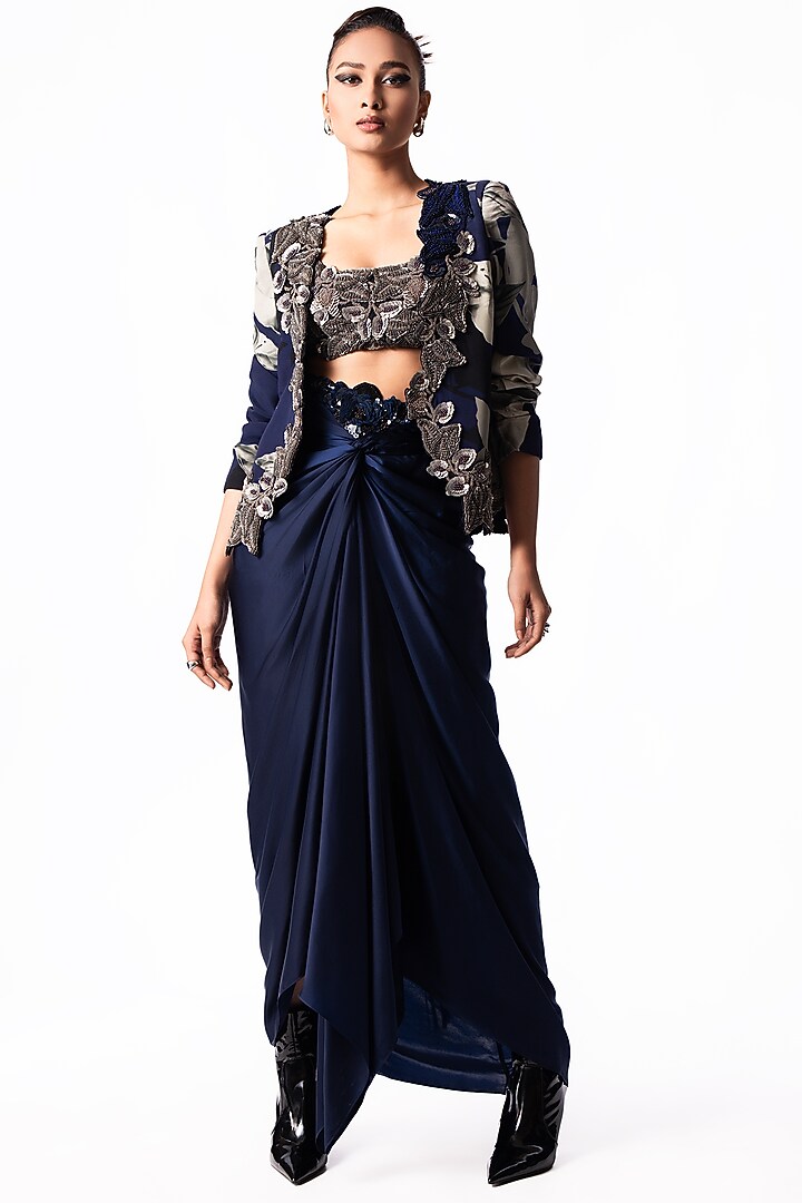 Navy Satin Knotted Skirt Set by Nupur Kanoi at Pernia's Pop Up Shop