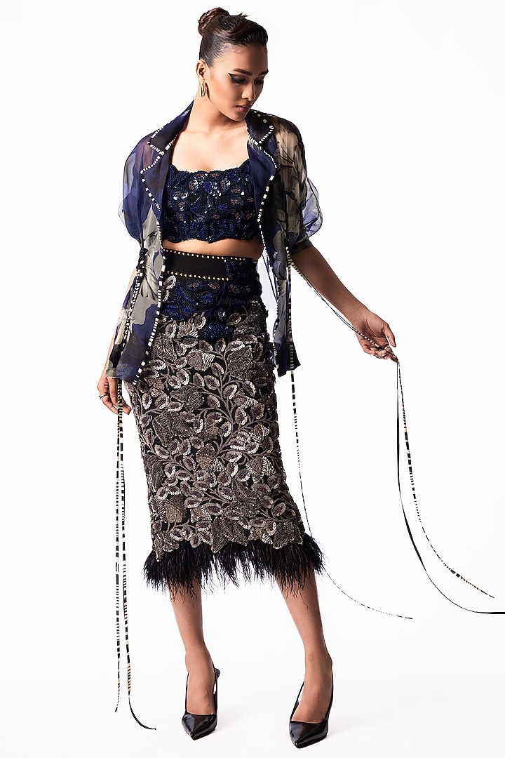 Silver Crepe Embroidered Pencil Skirt Set by Nupur Kanoi at Pernia's Pop Up Shop