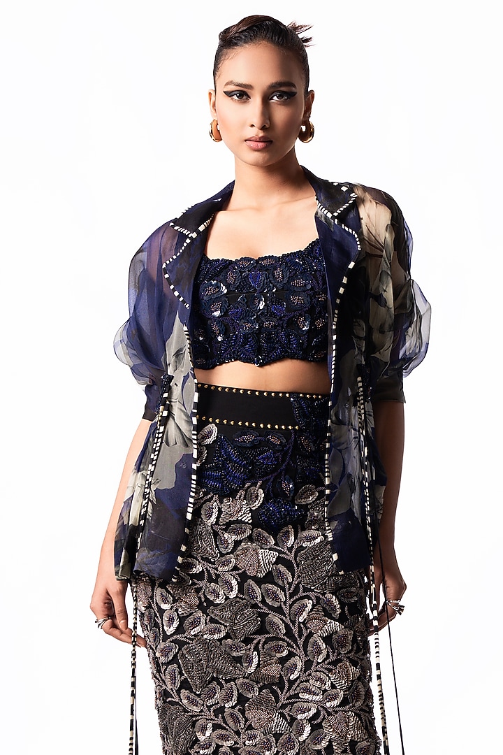 Silver Crepe Embroidered Pencil Skirt Set by Nupur Kanoi at Pernia's Pop Up Shop