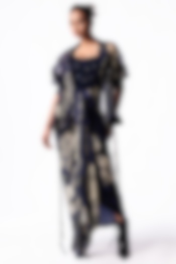Navy Crepe Printed & Sequin Embroidered Jacket Party Wear Dress by Nupur Kanoi at Pernia's Pop Up Shop