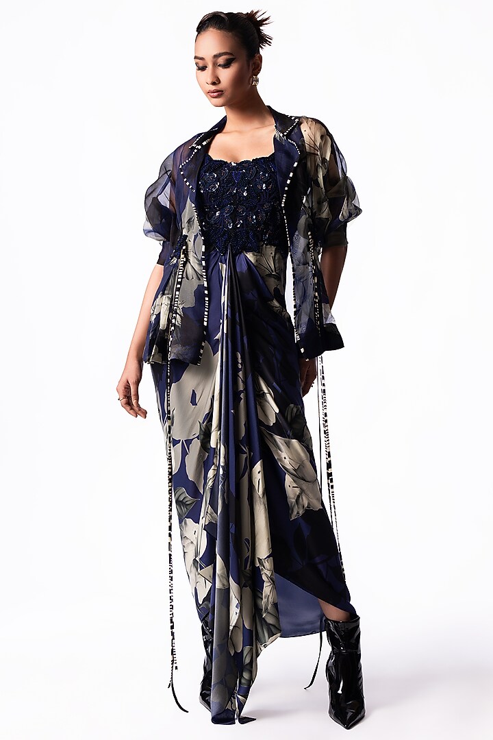 Navy Crepe Printed & Sequin Embroidered Jacket Party Wear Dress by Nupur Kanoi at Pernia's Pop Up Shop