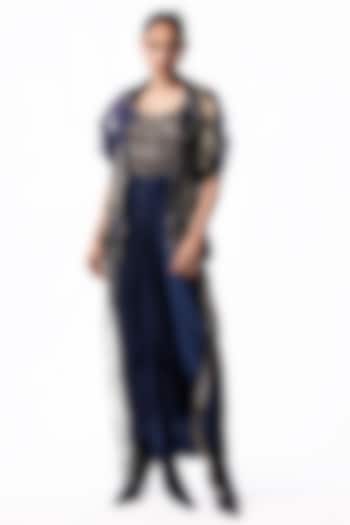 Navy Satin Sequin Embroidered Jacket Party Wear Dress by Nupur Kanoi at Pernia's Pop Up Shop