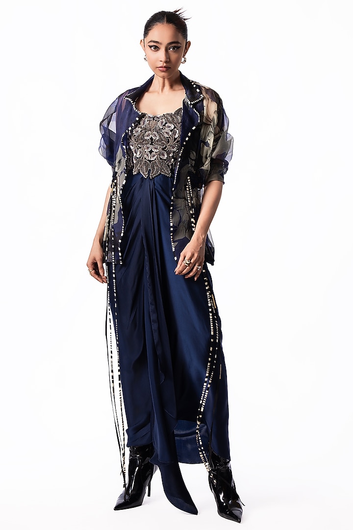 Navy Satin Sequin Embroidered Jacket Party Wear Dress by Nupur Kanoi at Pernia's Pop Up Shop