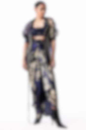 Navy Satin Printed Knotted Skirt Set by Nupur Kanoi at Pernia's Pop Up Shop