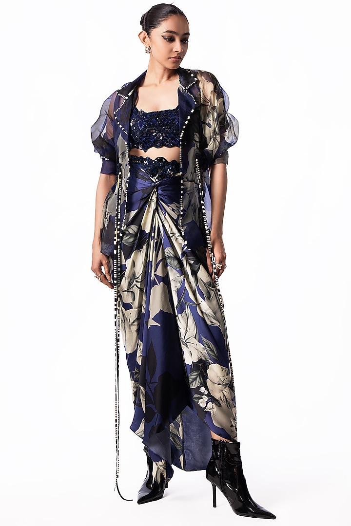 Navy Satin Printed Knotted Skirt Set by Nupur Kanoi at Pernia's Pop Up Shop