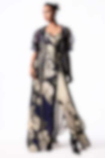 Navy Crepe Printed Cowl Party Wear Dress With Jacket by Nupur Kanoi at Pernia's Pop Up Shop