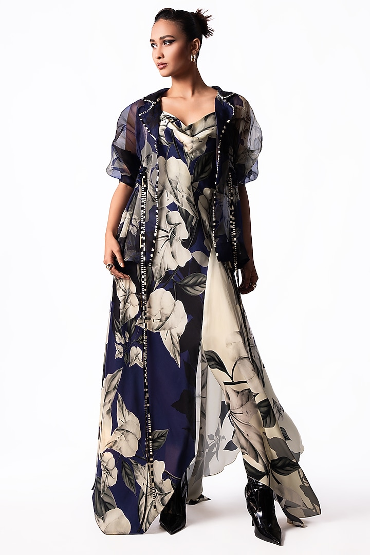 Navy Crepe Printed Cowl Party Wear Dress With Jacket by Nupur Kanoi at Pernia's Pop Up Shop