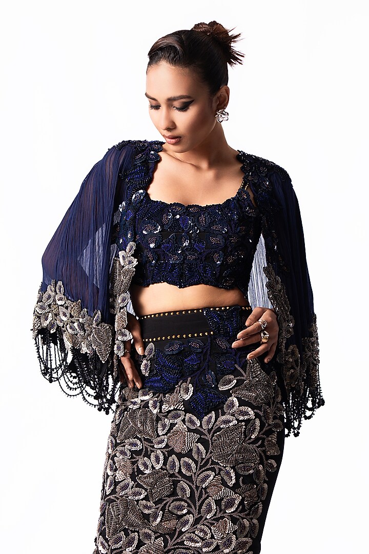 Black & Silver Crepe Embroidered Pencil Skirt Set by Nupur Kanoi at Pernia's Pop Up Shop