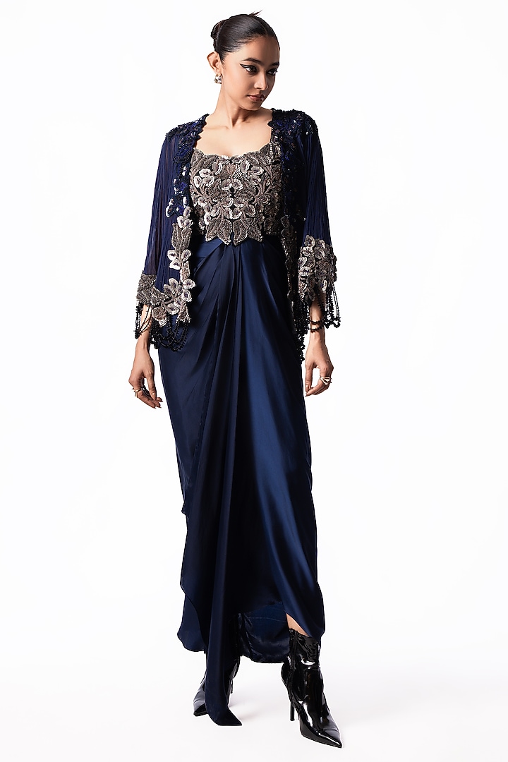 Navy Crepe Sequin Embroidered Draped Jacket Party Wear Dress by Nupur Kanoi at Pernia's Pop Up Shop