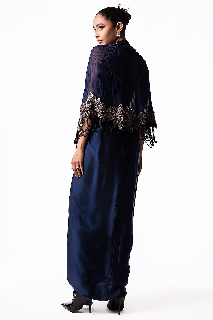 Navy Crepe Sequin Embroidered Draped Jacket Party Wear Dress by Nupur Kanoi at Pernia's Pop Up Shop