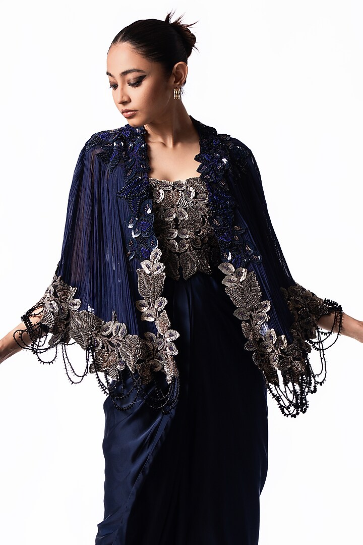 Navy Crepe Sequin Embroidered Draped Jacket Party Wear Dress by Nupur Kanoi at Pernia's Pop Up Shop