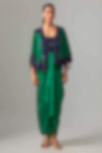 Emerald Green Satin & Chiffon Embroidered Cape Party Wear Dress by Nupur Kanoi at Pernia's Pop Up Shop