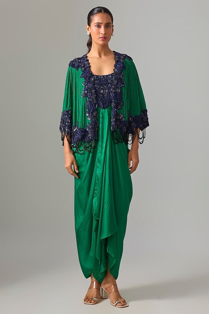 Emerald Green Satin & Chiffon Embroidered Cape Party Wear Dress by Nupur Kanoi at Pernia's Pop Up Shop