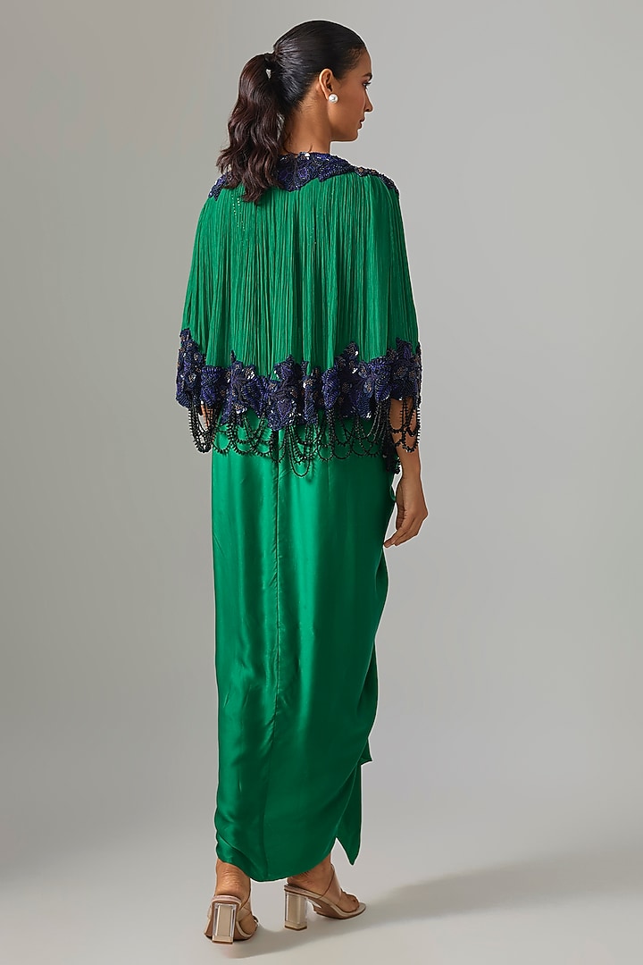 Emerald Green Satin & Chiffon Embroidered Cape Party Wear Dress by Nupur Kanoi at Pernia's Pop Up Shop
