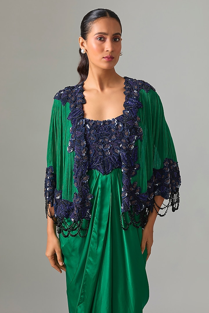 Emerald Green Satin & Chiffon Embroidered Cape Party Wear Dress by Nupur Kanoi at Pernia's Pop Up Shop