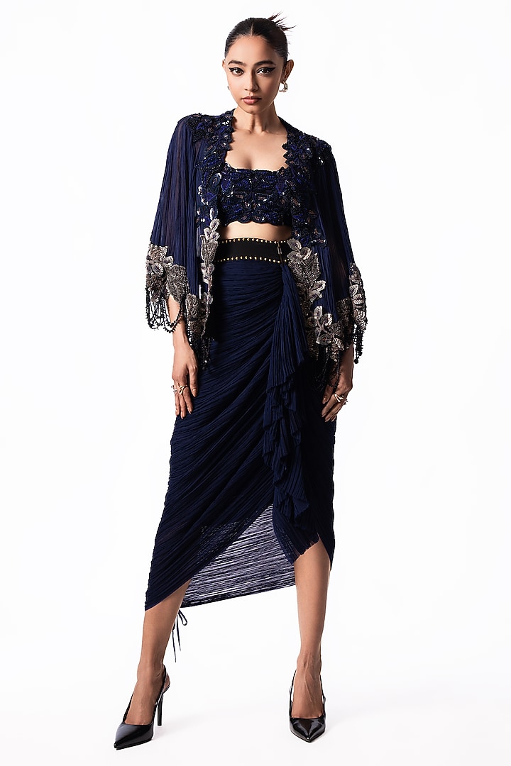 Navy Chiffon Frilled Skirt Set by Nupur Kanoi at Pernia's Pop Up Shop