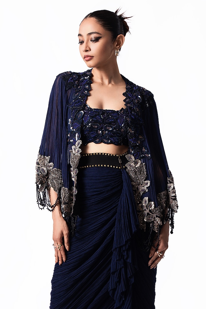 Navy Chiffon Frilled Skirt Set by Nupur Kanoi at Pernia's Pop Up Shop