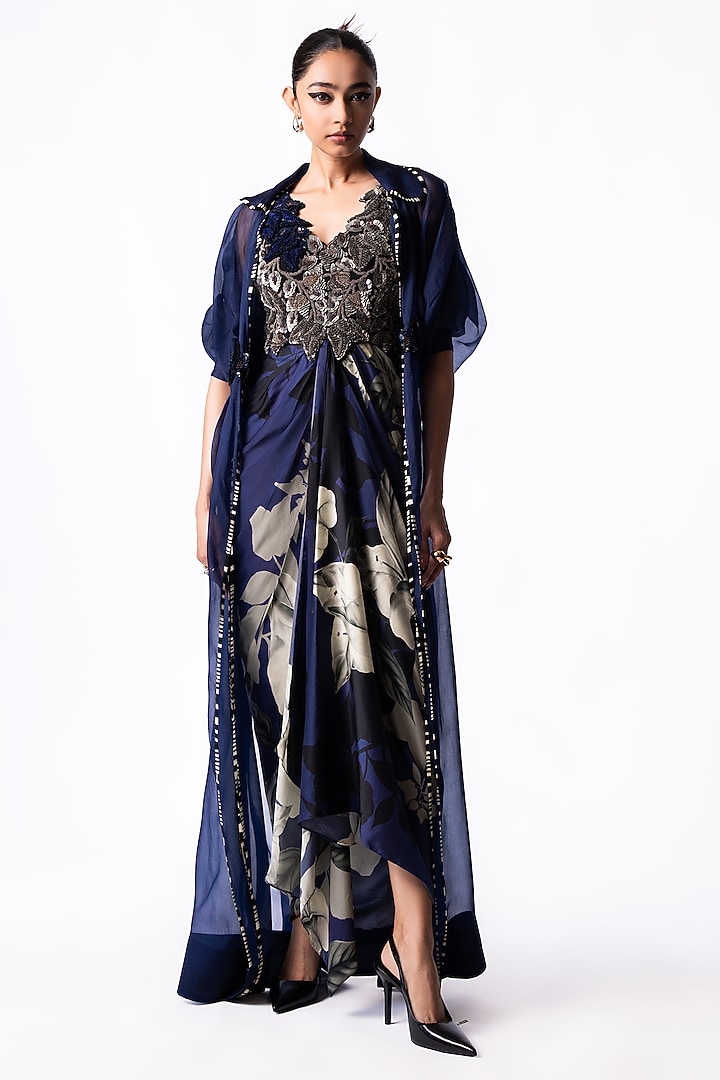 Navy Satin Printed & Embroidered Draped Party Wear Dress With Jacket by Nupur Kanoi at Pernia's Pop Up Shop