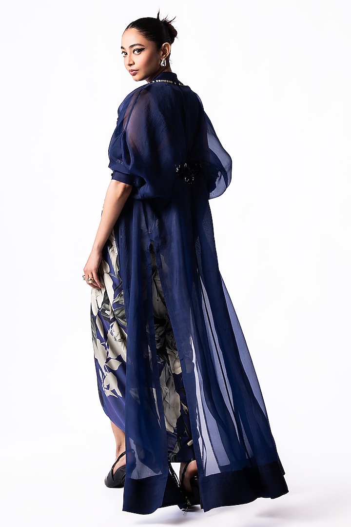 Navy Satin Printed & Embroidered Draped Party Wear Dress With Jacket by Nupur Kanoi at Pernia's Pop Up Shop