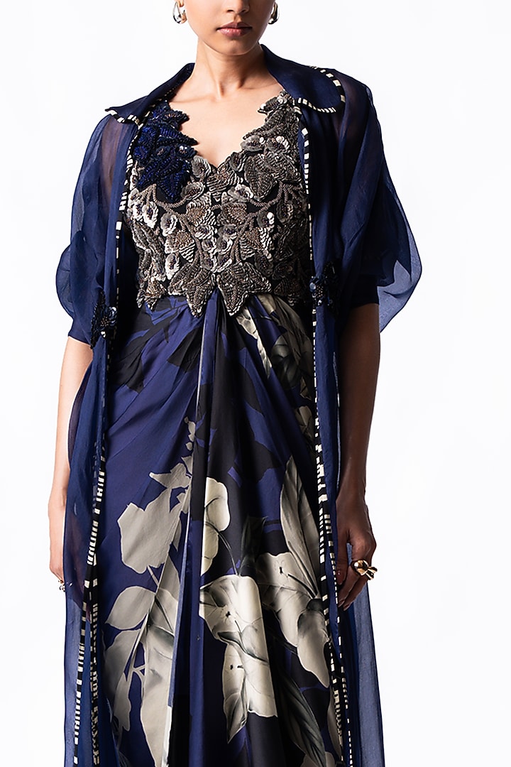 Navy Satin Printed & Embroidered Draped Party Wear Dress With Jacket by Nupur Kanoi at Pernia's Pop Up Shop