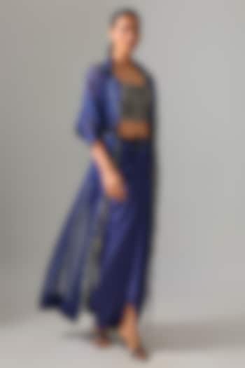 Navy Blue Organza Sequin Applique Embroidered Jacket Set by Nupur Kanoi at Pernia's Pop Up Shop