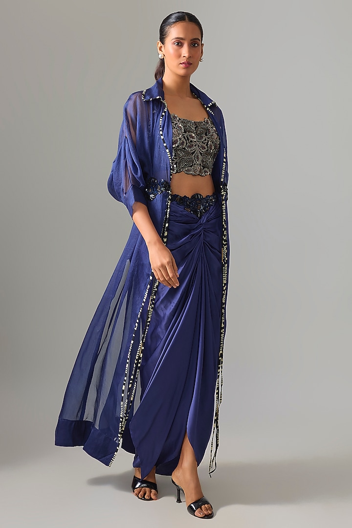 Navy Blue Organza Sequin Applique Embroidered Jacket Set by Nupur Kanoi at Pernia's Pop Up Shop