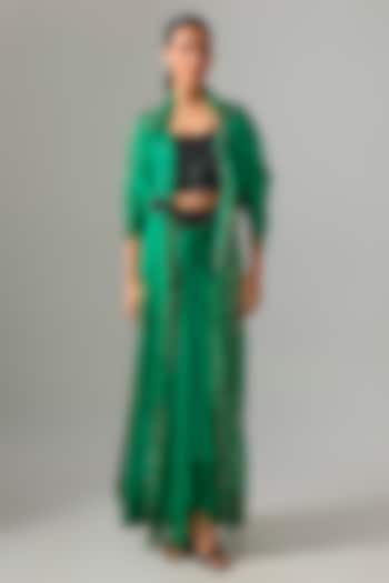 Emerald Green Organza Sequin Applique Embroidered Jacket Set by Nupur Kanoi at Pernia's Pop Up Shop