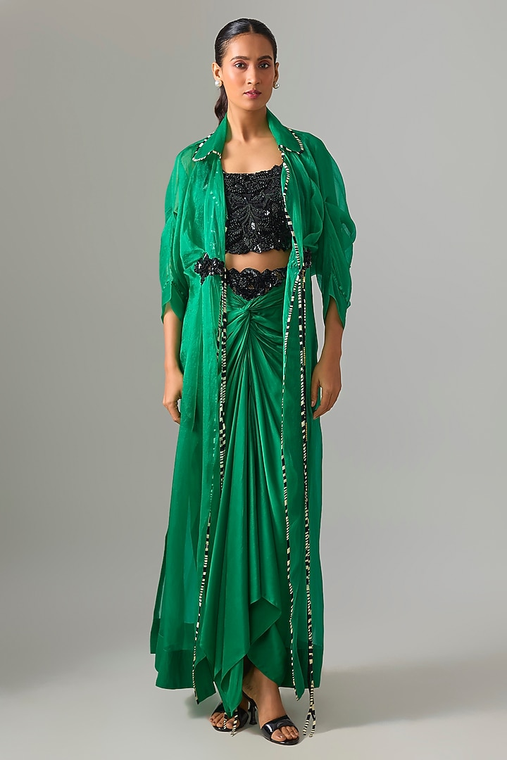 Emerald Green Organza Sequin Applique Embroidered Jacket Set by Nupur Kanoi at Pernia's Pop Up Shop