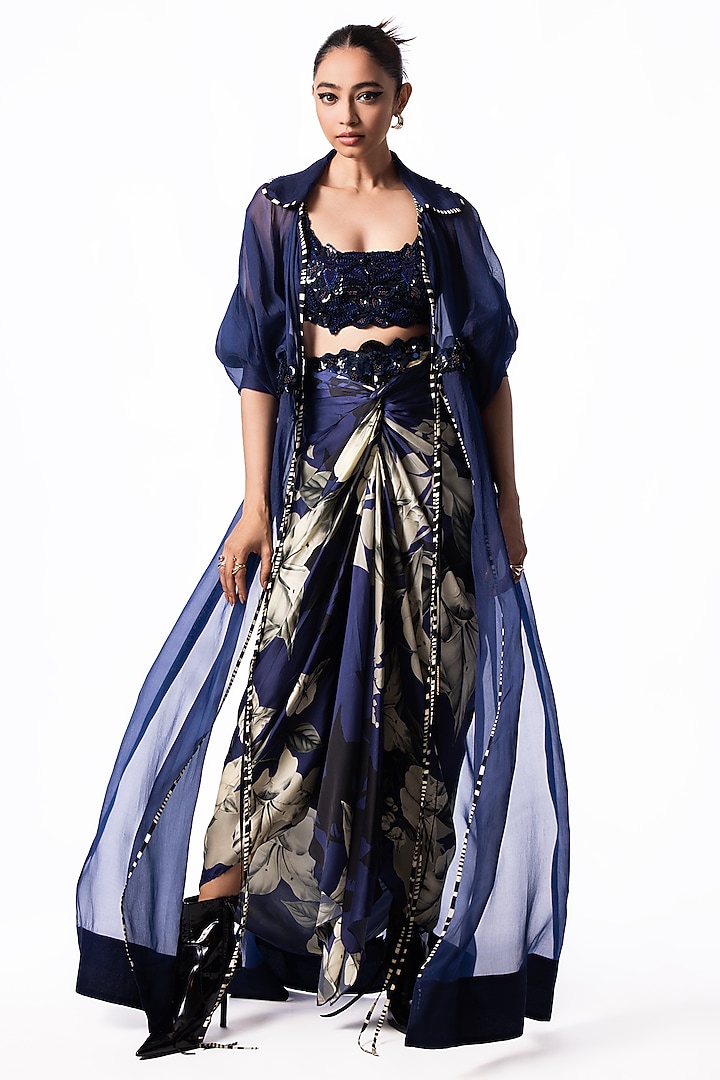 Navy Satin Printed Knotted Skirt Set by Nupur Kanoi at Pernia's Pop Up Shop