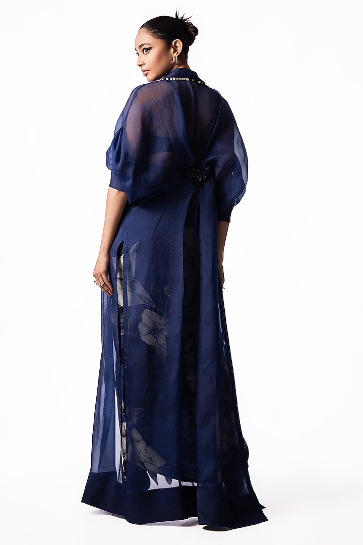 Navy Satin Printed Knotted Skirt Set by Nupur Kanoi at Pernia's Pop Up Shop