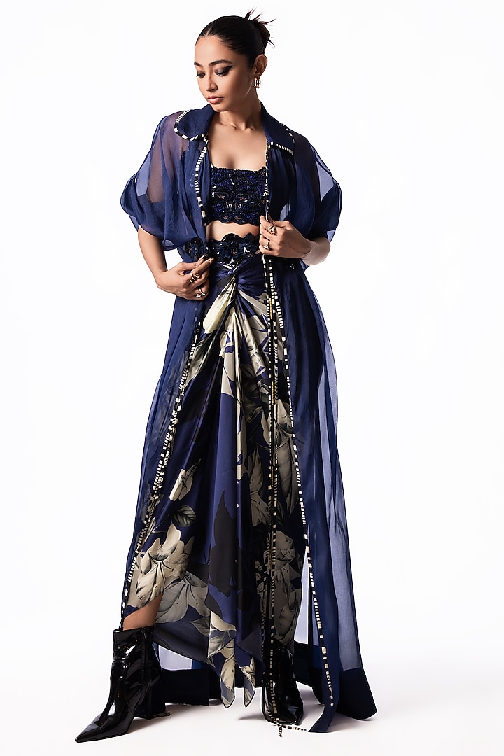 Navy Satin Printed Knotted Skirt Set by Nupur Kanoi at Pernia's Pop Up Shop