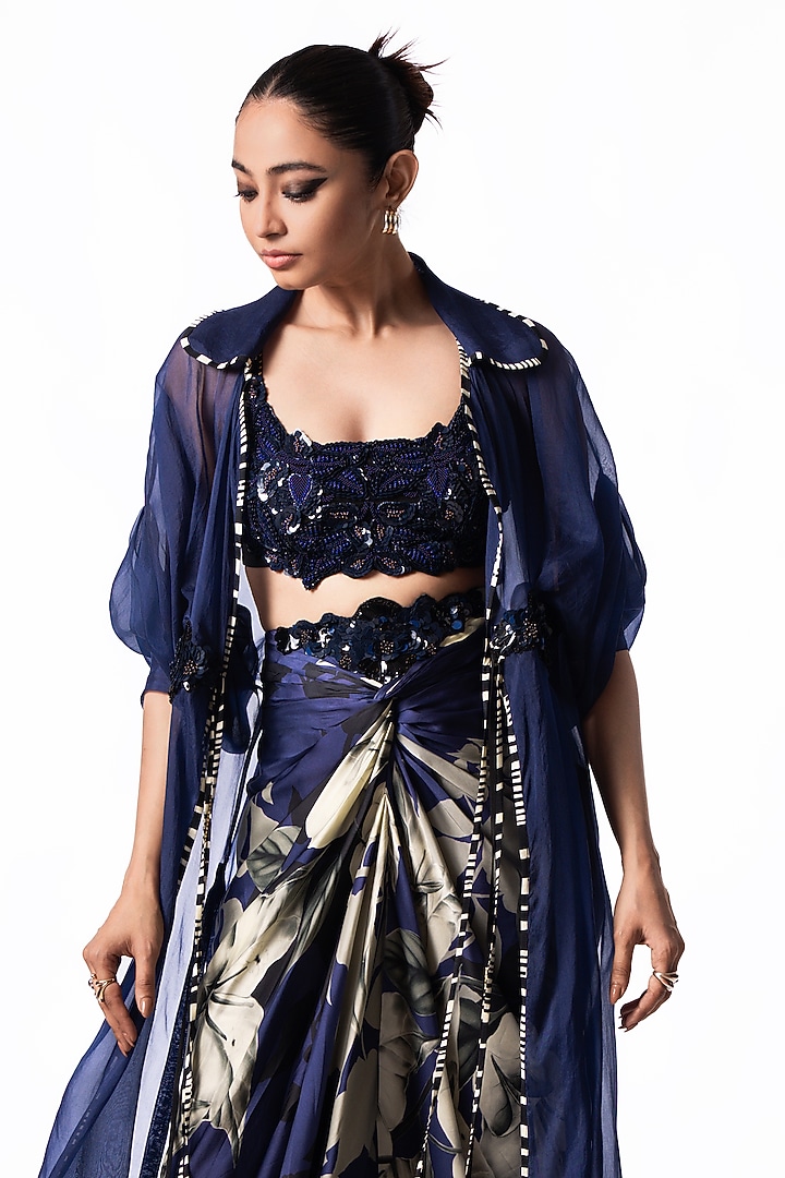 Navy Satin Printed Knotted Skirt Set by Nupur Kanoi at Pernia's Pop Up Shop