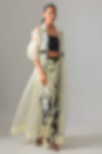Off-White Satin Printed Front-Knot Skirt Set by Nupur Kanoi at Pernia's Pop Up Shop