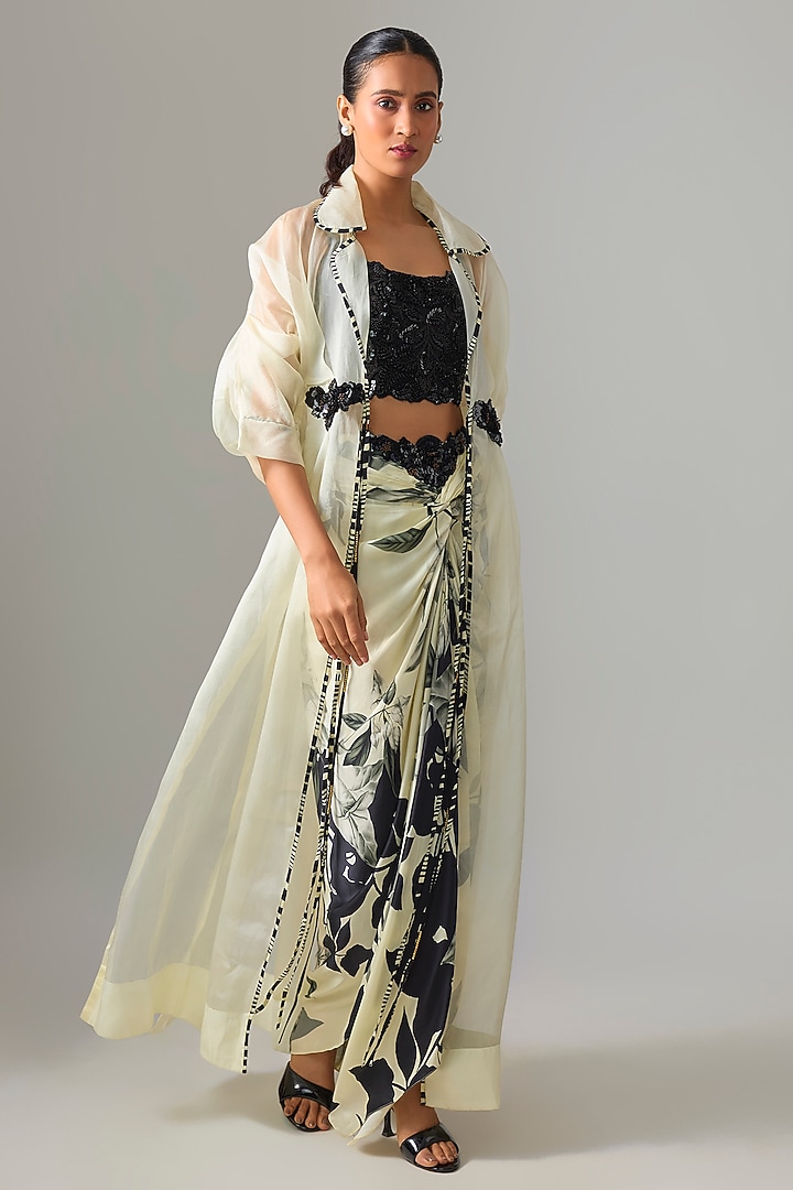 Off-White Satin Printed Front-Knot Skirt Set by Nupur Kanoi at Pernia's Pop Up Shop