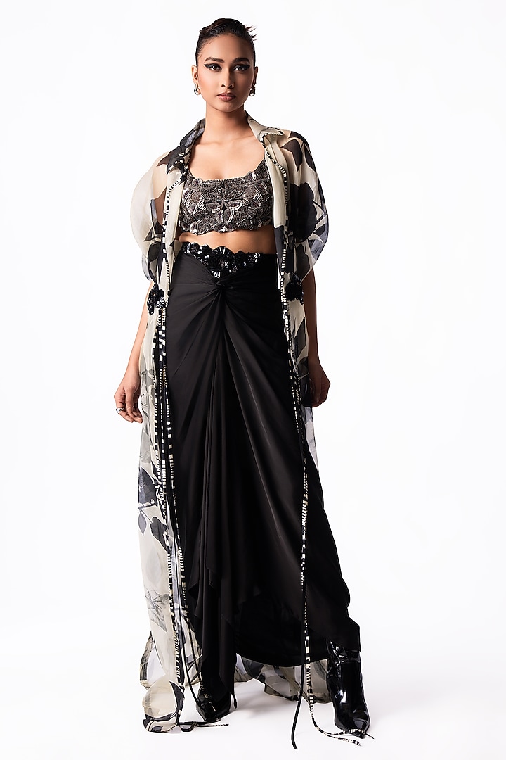 Black Satin Knotted Skirt Set by Nupur Kanoi at Pernia's Pop Up Shop