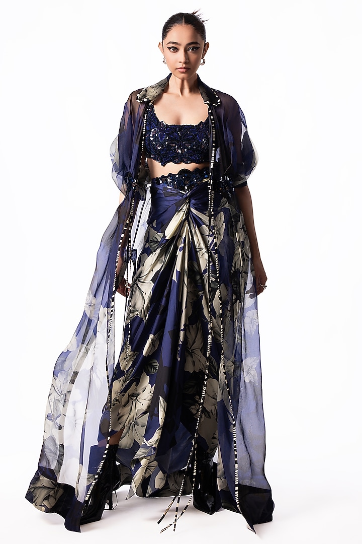 Navy Satin Printed Knotted Skirt Set by Nupur Kanoi at Pernia's Pop Up Shop