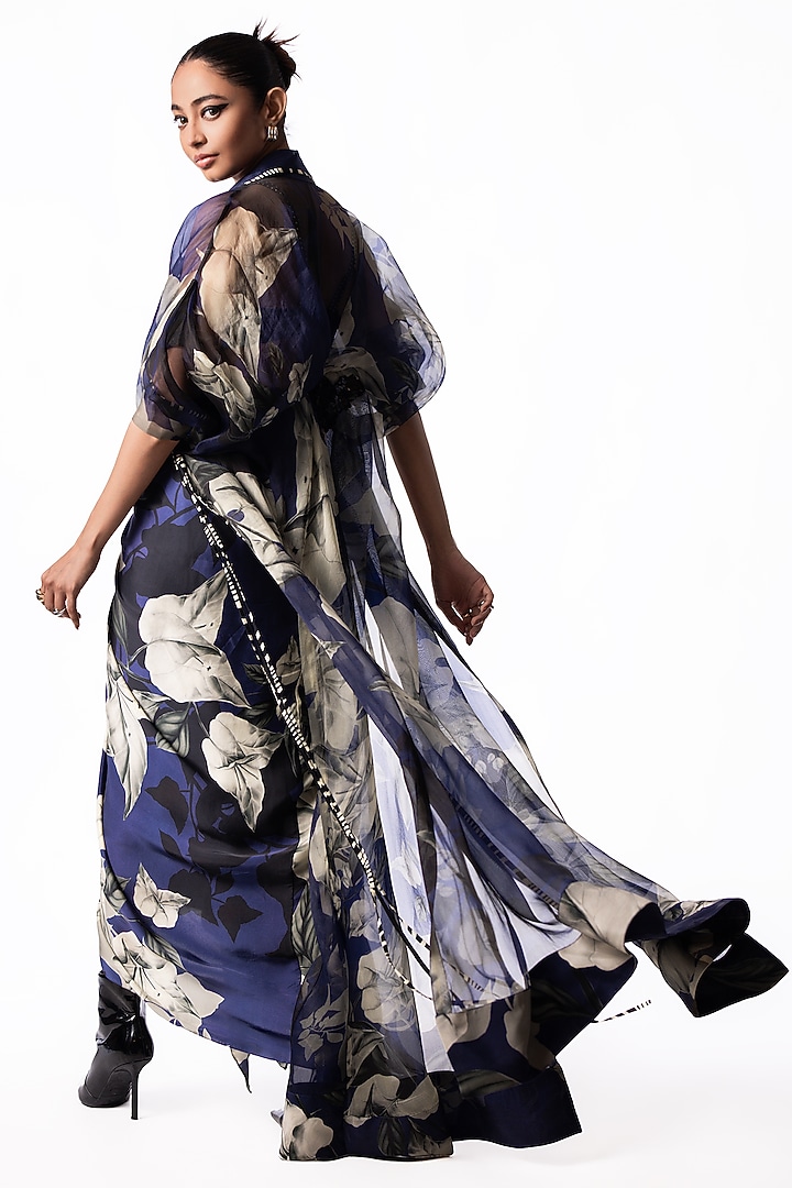 Navy Satin Printed Knotted Skirt Set by Nupur Kanoi at Pernia's Pop Up Shop