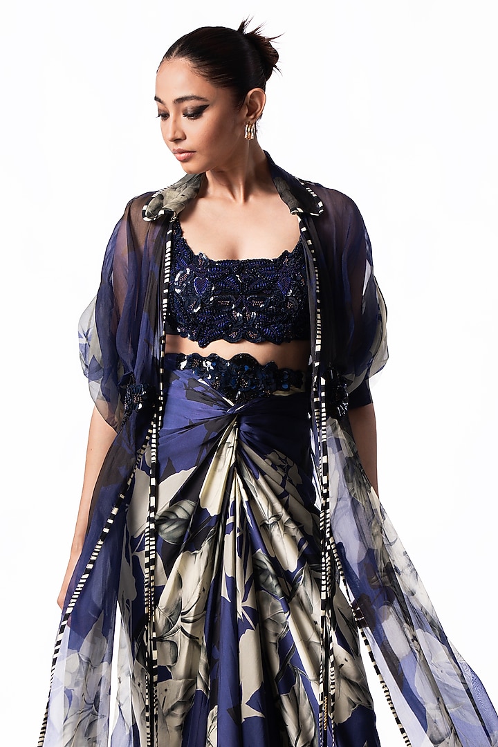 Navy Satin Printed Knotted Skirt Set by Nupur Kanoi at Pernia's Pop Up Shop