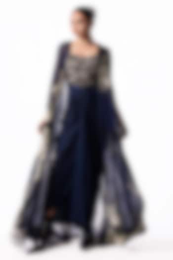 Navy Satin Sequin Embroidered Draped Party Wear Dress With Printed Cape by Nupur Kanoi at Pernia's Pop Up Shop