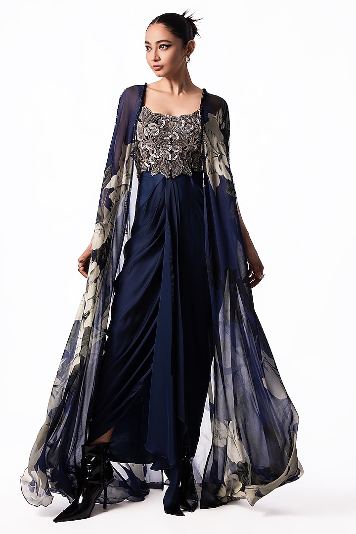 Navy Satin Sequin Embroidered Draped Party Wear Dress With Printed Cape by Nupur Kanoi at Pernia's Pop Up Shop