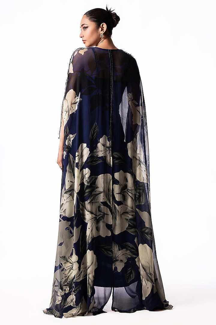 Navy Satin Sequin Embroidered Draped Party Wear Dress With Printed Cape by Nupur Kanoi at Pernia's Pop Up Shop