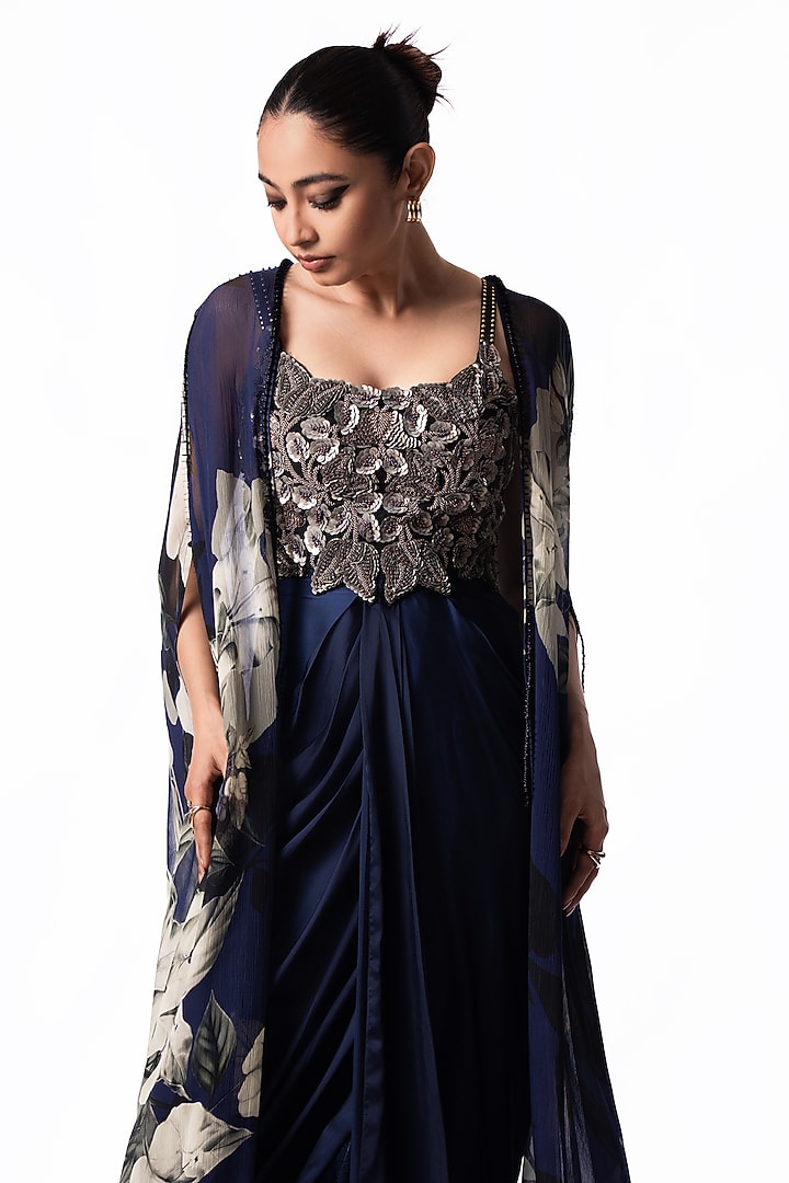 Navy Satin Sequin Embroidered Draped Party Wear Dress With Printed Cape by Nupur Kanoi at Pernia's Pop Up Shop