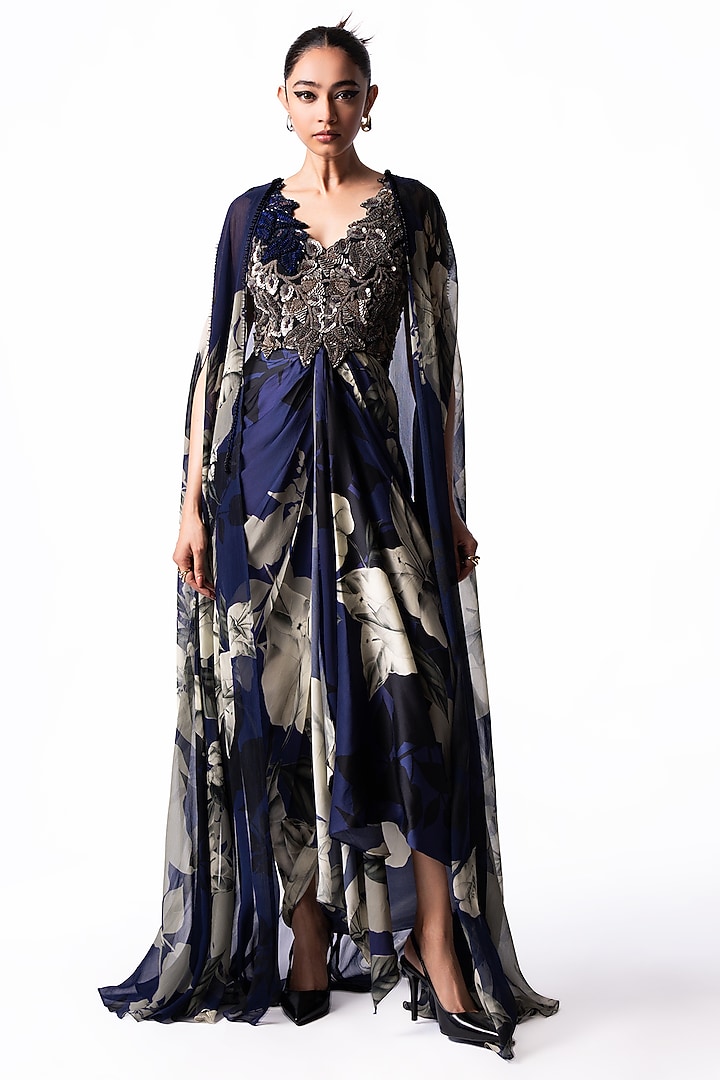 Navy Satin Printed & Sequin Embroidered Draped Jacket Party Wear Dress by Nupur Kanoi at Pernia's Pop Up Shop